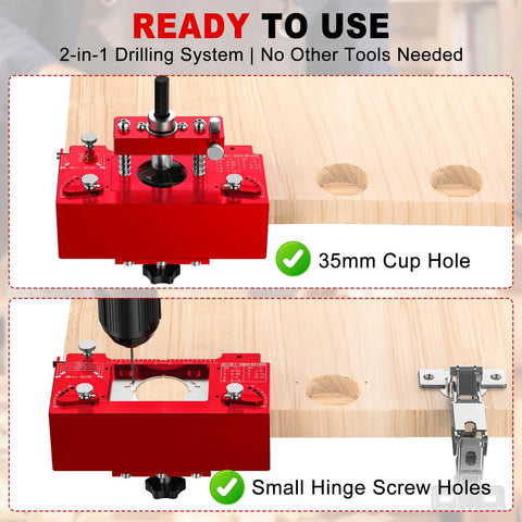 Metal Concealed Hinge Jig With Built In Screw Hole Guide For Precise 35mm Cabinet Door Hinge Drilling, red jig on wood surface