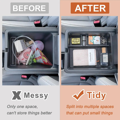 Comparison of messy vs. organized console with Three Piece Center Console Organizer Set For 2023-2026 Honda Pilot, 2024-2026 Honda Ridgeline, And 2024-2026 Honda Passport, Hidden Armrest Storage Box With Divider, ABS Interior Accessories, Top Notch, Slim, Custom Fit