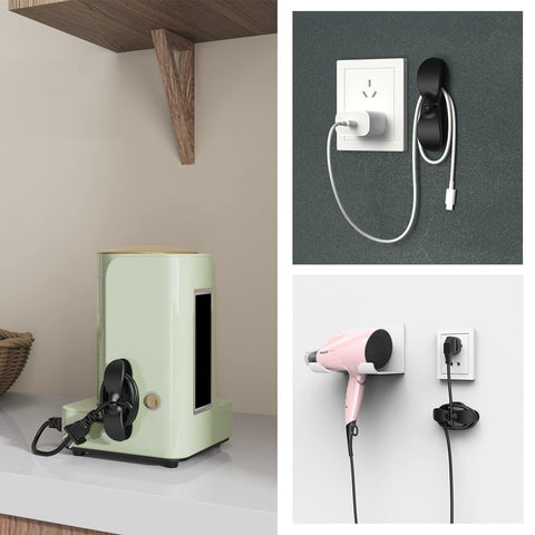 Upgraded Kitchen Cord Organizer For Appliances with ultra strong 3M adhesive shown holding cords on a kitchen counter and wall.