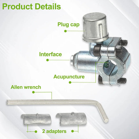 Front view of EPLZON BPV-31 refrigerator piercing valve kit with plug cap, interface, two adapters, and Allen wrench