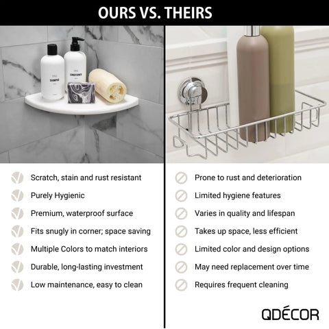 Comparison of Oil Rubbed Bronze 9 Inch Corner Shower Shelf For Inside Tiled Showers with a wire rack, highlighting rustproof features.