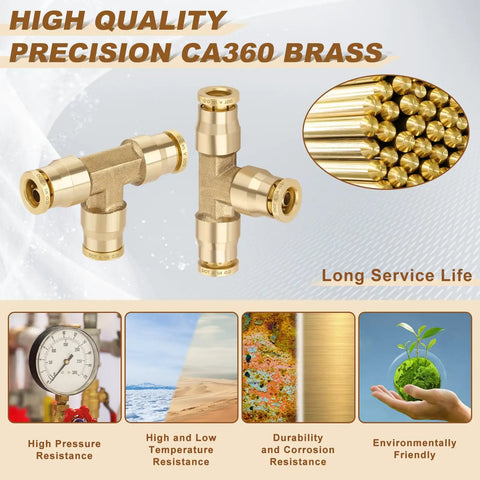 One Quarter Inch Quick Push to Connect Brass Union Tee Fittings DOT Approved Three Way Tube Air Line Adapter image