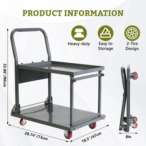 Heavy Duty Foldable Push Cart Dolly With Wheels 800 Lbs Load Capacity Two Tier Platform Truck For Garage Warehouse And Workshop Durable Steel Frame Foldable Design For Easy Storage side view