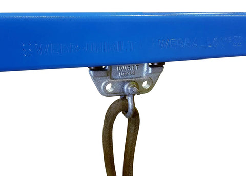 Unibilt Blue Enclosed Conveyor Track With Yokes Five Foot Long Workhorse for industrial material handling, close-up of yoke and track