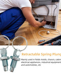 Four Pack Beefy Carbon Steel Indexing Plungers Featuring Retractable Spring Loaded Pull Rings M10 Thread Quick Detent Pins in use during appliance repairs.