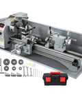 Garage Ready Mini Metal Lathe With One Point One Kw Motor and Butter Smooth Infinite Speed Dials featuring sharp LED readout and tools.