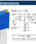 Dimensions diagram of a blue multiturn trimmer potentiometer from the Multiturn Trimmer Potentiometer Kit With Sixty Pieces In Twelve Values.