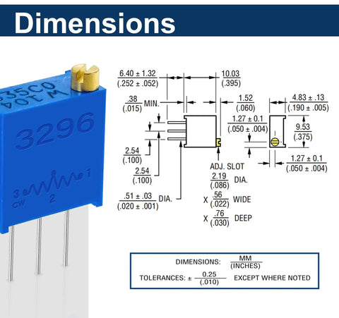 Dimensions diagram of a blue multiturn trimmer potentiometer from the Multiturn Trimmer Potentiometer Kit With Sixty Pieces In Twelve Values.