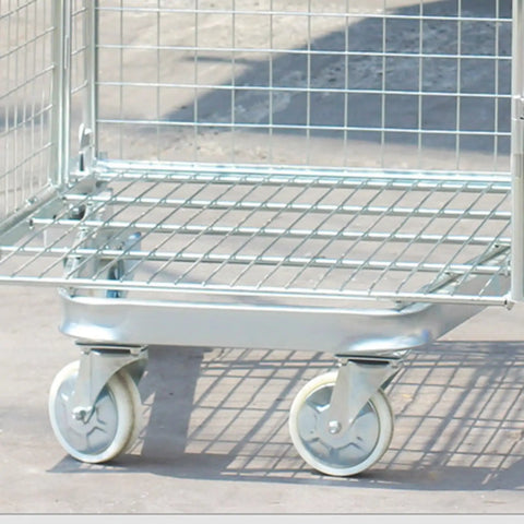 Open Frame Wire Mesh Rolling Cage Cart For Ventilated Transport And Logistics, Heavy Duty Dolly With Easy Mobility, Ideal For Textiles, Fresh Produce, And Warehousing Goods. Silver wire mesh cart with casters