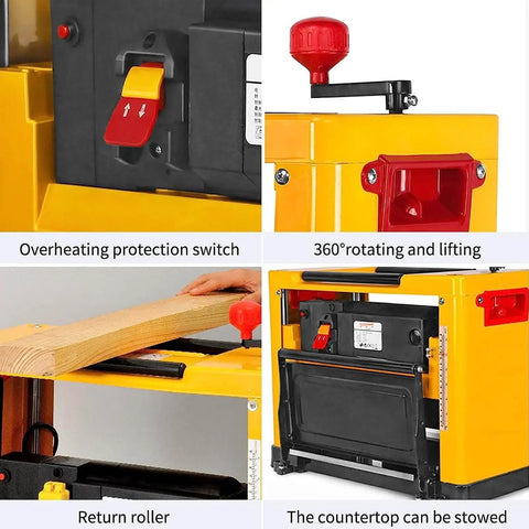 Heavy Duty 2000W Benchtop Planer Slick 13 Inch Desktop Electric Jointer showing overheating protection switch and return roller.