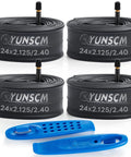 4-pack of Fat Bike Tubes for 24 Inch Tires 24x2.125 to 24x2.40 With 32mm Schrader Valve, includes blue tire levers, displayed.
