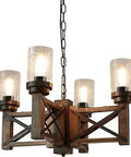 Rustic Wood Farmhouse Chandelier With 4 Lights And Glass Shades, Industrial Dining Pendant Lamp, 22.8 Inch vintage Edison fixture