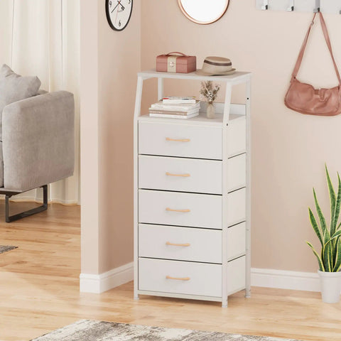 Five Drawer White Dresser With Wood Top And Steel Frame, Vertical Fabric Storage Tower in a modern living room.