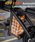 Close-up of a 48V 10AH removable lithium-ion battery in a Powerful 1200W Peak Motor Foldable Ebike For Adults With 25 MPH Top Speed 45 Mile PAS Range