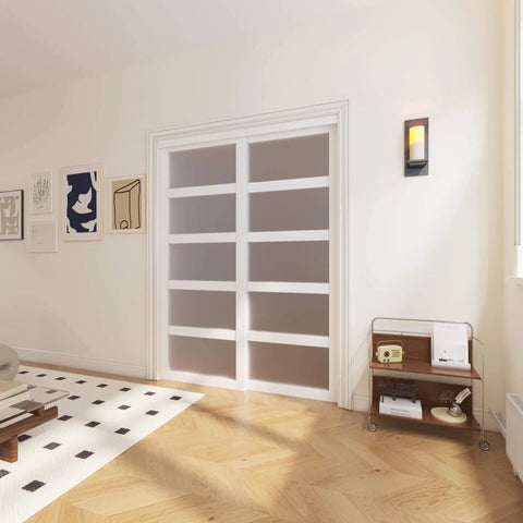 Double Sliding Closet Door Set 120 Inches Wide By 80 Inches High With 5 Lite Frosted Glass Panels, Includes Hardware Track Kit And Floor Guide