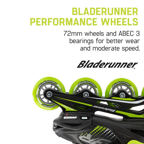 Close-up of Bladerunner inline skate wheels and frame, showing 72mm wheels and ABEC 3 bearings for Four Size Adjustable Fitness Inline Skates For Juniors Black And Blue With Cushioned Liner And Tongue For Secure Fit Built For Young Rippers Durable Frame Ideal For Training Practice And Recreational Skating.