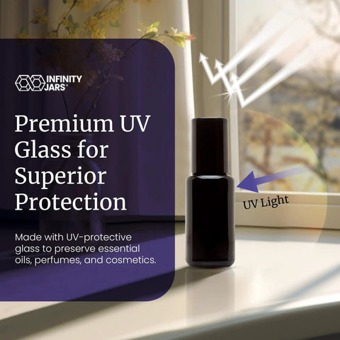 Black Ultraviolet Glass Roller Bottle 15 Ml Essential Oil Bottle With Glass Ball Roll On Tip next to a window with UV light.