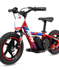 Kids Electric Bike For Ages Four To Eight With 12 Inch Lightweight Frame Dual Speed Up To 10 MPH And 10 Mile Range Powered By A 24V 170W Motor With 12x2.4 Inch Tires A Perfect Birthday Gift For Little Riders. Red and blue kids electric bike with 12-inch tires, black seat, and lightweight frame