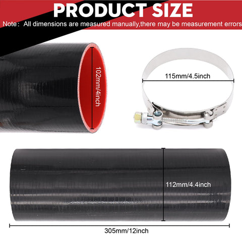 4 Inch ID 4-Ply Straight Silicone Hose Coupler 12 Inch Long 5mm Thickness With 2 Stainless Steel T Clamps
