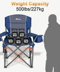 Blue oversized camping chair showing 500 lb capacity with kettlebells, padded back and armrests, built in cup holder and cooler bag.