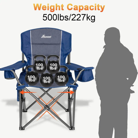 Blue oversized camping chair showing 500 lb capacity with kettlebells, padded back and armrests, built in cup holder and cooler bag.