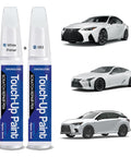 Image of Lexus Ultra White 083 Car Touch-Up Paint 2-In-1 Scratch Repair Kit No Mix Formula Quick Fix For Minor Scratches And Exact Color Match For CT ES GS IS LC LS NX RC RX UX with two paint pens and Lexus vehicles in background.