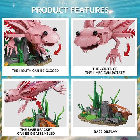 Axolotl Building Set For Adults And Teens 998 Piece Marine Animal Kit With Movable Joints And Display Base STEM Toy Gift close-up with rotating limbs and base display