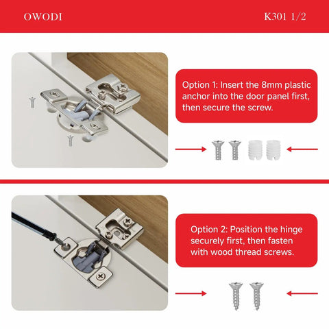 Instructions for Soft Close Cabinet Hinges 40 Pack For Face Frame Doors Half Inch Overlay Concealed Cup installation options.