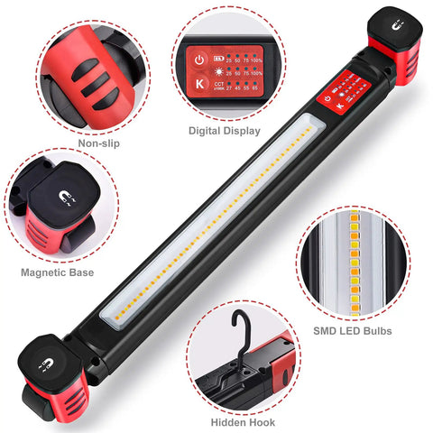 Dual Color Temperature LED Work Light With Magnetic Underhood Mount Cordless Rechargeable Mechanic Lamp With Hooks Portable Garage Lighting 1600 Lumen Output 4 Brightness Levels 2700K-6500K