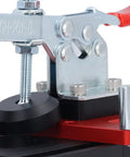 Close-up of Dead On Accuracy Drawer Punch Locator showing metal components for drilling alignment in woodworking projects.
