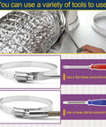 Eight stainless steel hose clamps, 9–10 inch, worm-gear type for plumbing and automotive; installation tools shown