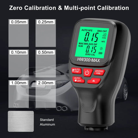 All Around Paint Thickness Gauge 0-2000um With LCD Readout Auto Substrate Detection 3 Probe Modes 3 Unit Switching Works On Steel Metal Plastic Glass PVC Battery Indicator Auto Shutoff Pro Grade zero calibration and aluminum standard