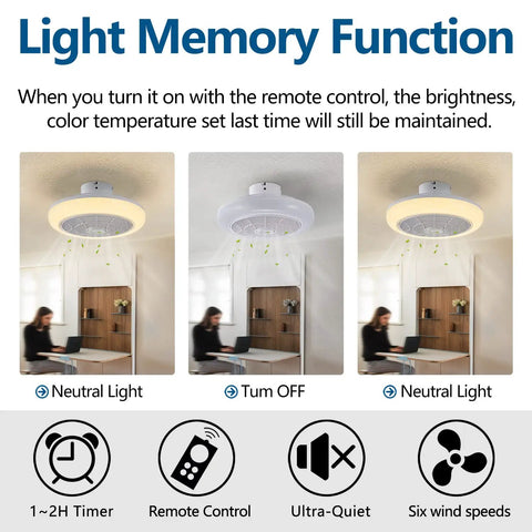 Light memory function of 18-Inch Ceiling Fan With Lights Remote Control, 3 Color Temperature Options, 6 Speeds, White Low-Profile Flush Mount Ceiling Fan With Light For Kitchen And Bedroom displayed.