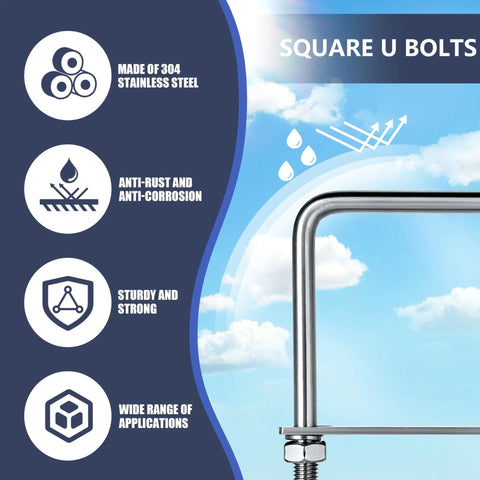 4 Pack M8 Square U Bolts 2 Inch Wide 304 Stainless Steel With Nuts Plate And Washers showing rust resistance features
