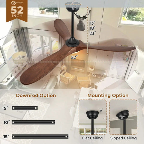 52 Inch Wood Walnut Outdoor Ceiling Fan With Lights And Remote Control, shown in a living room with downrod and mounting options.