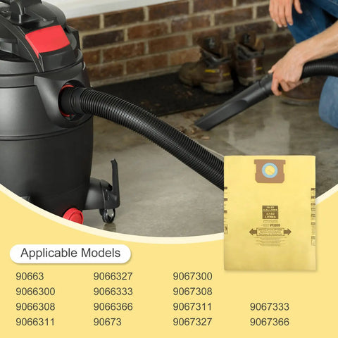 Top Shelf Disposable Vacuum Bags For Shop Vac Wet Dry Cleaners High Efficiency Dust Traps, heavy-duty filter sack shown with vacuum.