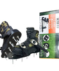 Lawn Aerator Shoes With Self Tightening Straps And Nonslip Metal Buckles, Spike Sandals For Easy Lawn Aeration And Grass Care next to box