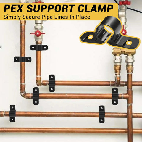 Installed black nylon PEX pipe clamps on 1/2-inch copper pipes; several clamps shown