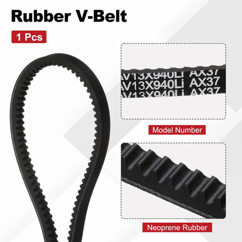 AX37 Cogged V Belt For Industrial Drives, 1/2 Inch Top Width, 5/16 Inch Thick, Inside 37 Inch Outside 39 Inch, Raw Edge EPDM Rubber Belt, Oil And Heat Resistant, Cold Resistant, Durable Belt Construction shown looped with toothed profile