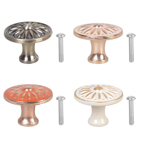 Round Single Hole Cabinet Door Handles and Knobs for Cupboards and Wardrobes, four metal designs with screws
