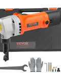 Heavy Duty Sheet Metal Nibbler 550W Electric Cutter With 360 Degree Rotation And 2200 RPM, orange and silver tool with case and accessories.