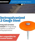 Pro Grade Plastic Cap Roofing Nails With Hella Secure Ring Shank And Tough Electro Galvanized Steel for roof underlayment and house wrap, orange cap detail.