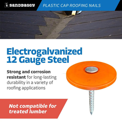 Pro Grade Plastic Cap Roofing Nails With Hella Secure Ring Shank And Tough Electro Galvanized Steel for roof underlayment and house wrap, orange cap detail.