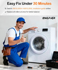 Technician beside dryer using 4 Pack Ball Bearing Dryer Drum Roller Kit Replacement For LG And Kenmore Upgraded Quiet Rollers
