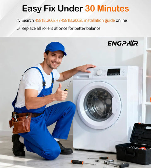 Technician beside dryer using 4 Pack Ball Bearing Dryer Drum Roller Kit Replacement For LG And Kenmore Upgraded Quiet Rollers