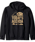 Wilderness Explorer Camp Zip Hoodie with "Today's Agenda" graphic for RVers and campers, ideal for dads and outdoor lovers.