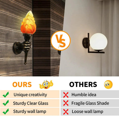 Comparison of Two Pack Rustic Industrial Wall Sconces With Flame Glass Lampshade and standard globe sconce, showing creativity and sturdiness.