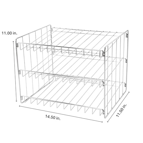 Three Tier Chrome Steel Can Organizer Holds Thirty Six Cans For Pantry Or Cabinet, measuring 14.5 x 11.5 x 11 inches, freestanding storage rack.