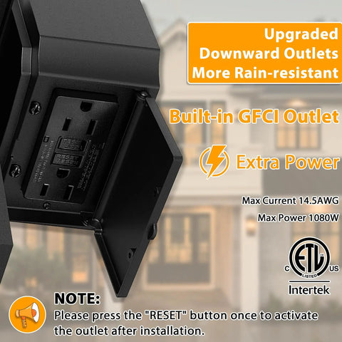 Dusk To Dawn Outdoor Light With GFCI Outlet And Dual Receptacles, Waterproof Wall Sconce showing built-in outlet with cover open