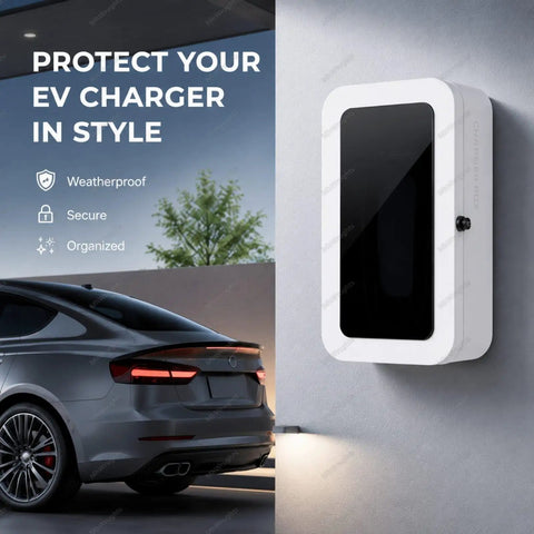 Hella Heavy Duty EV Charger Enclosure Lock Box with Combination Lock for Tesla Wall Mount Cable Storage Rugged Weatherproof Cover for Garage Driveway UV Resistant Shell mounted on wall beside a car.